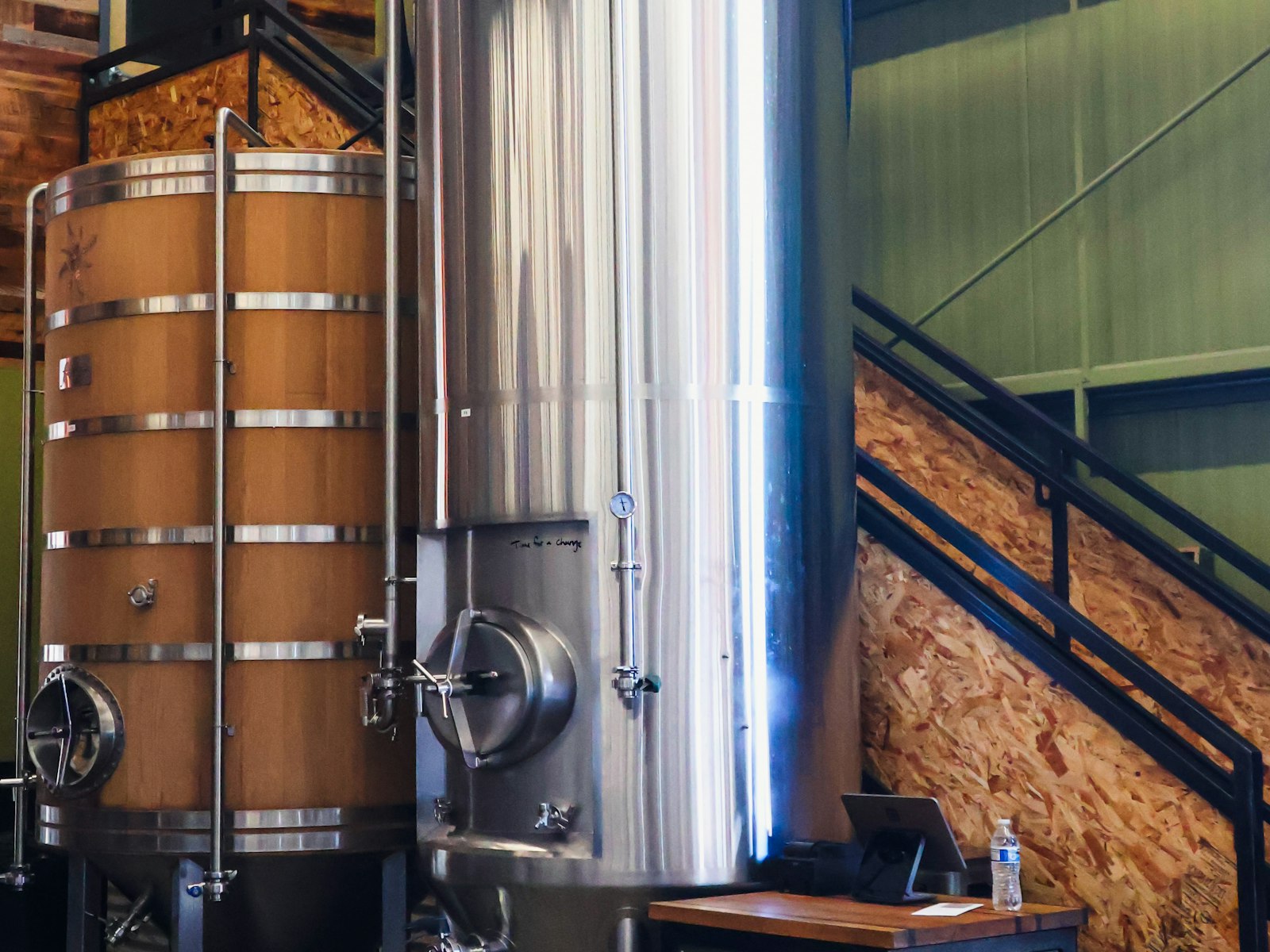 The Ferry Lane brewhouse, wooden foudre beside the steel kettle
